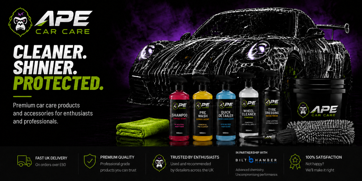 APE Car Care product range with lime-green drying towel and grey wash mitt